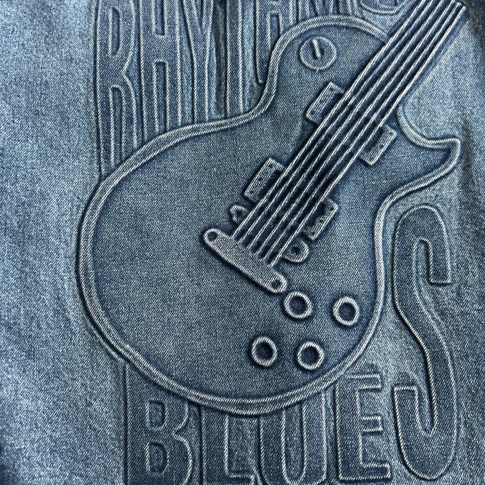 VTG TYCA Blue Jean Denim Jacket  Made USA Embossed‎ Rhythm Blues XXLarge BIKER